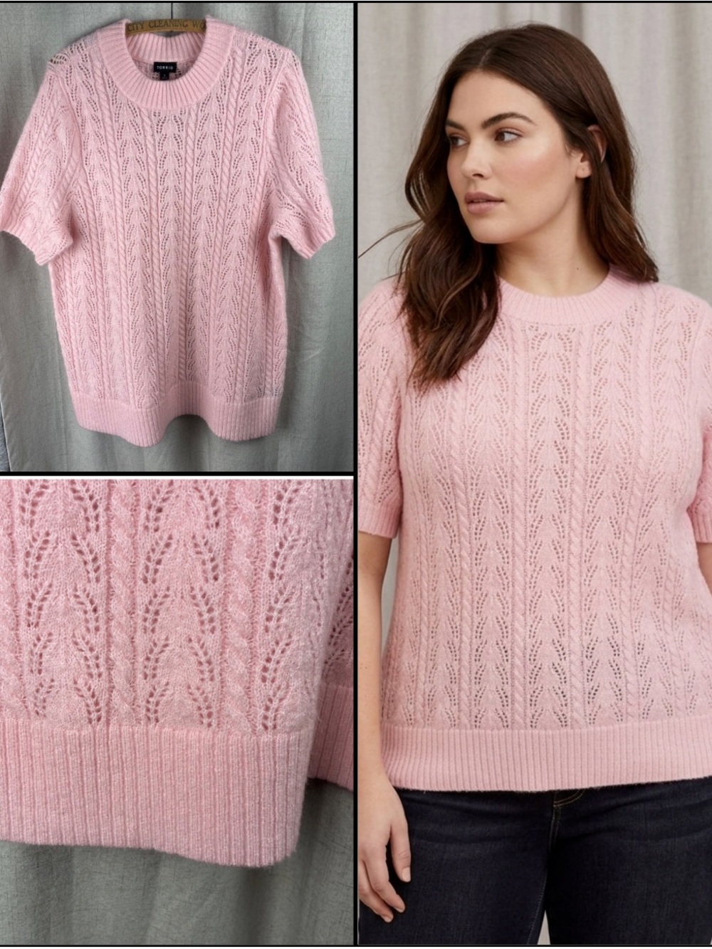 Torrid Blossom Pink Crochet Open Cable Knit Femme Super Soft Sweater 1X 14-16  3